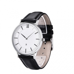 Custom logo couro genuíno relógio de pulso de aço inoxidável